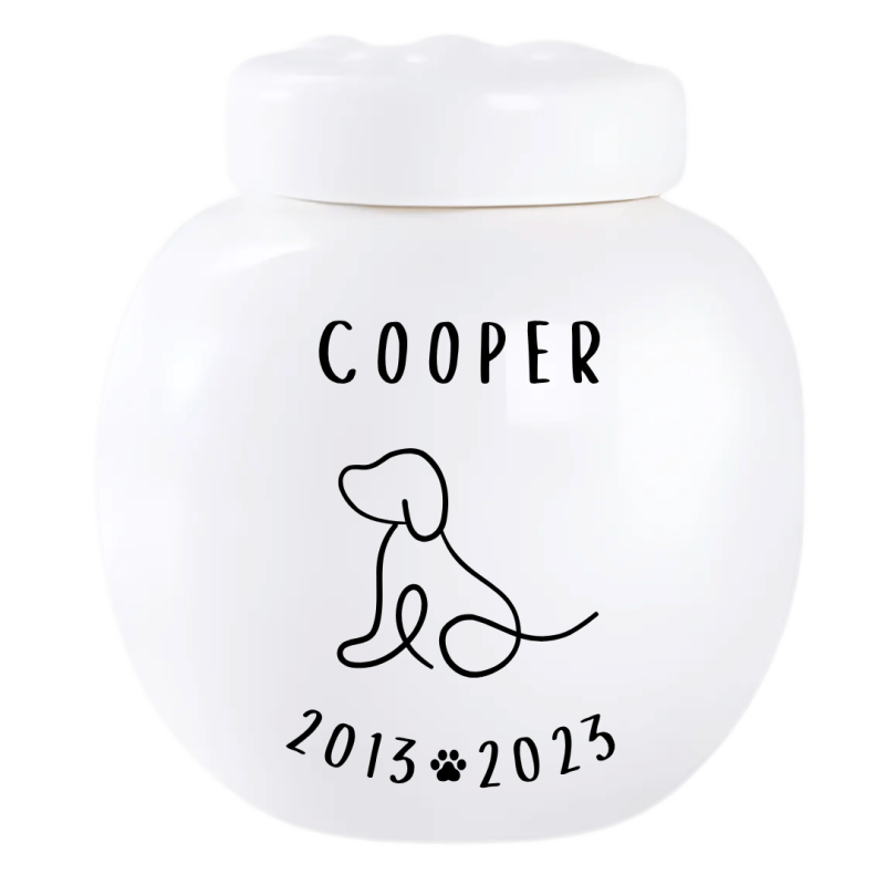 Urne funéraire pour chien personnalisée en céramique – Urne pour cendres avec nom, dates & illustration chien minimaliste