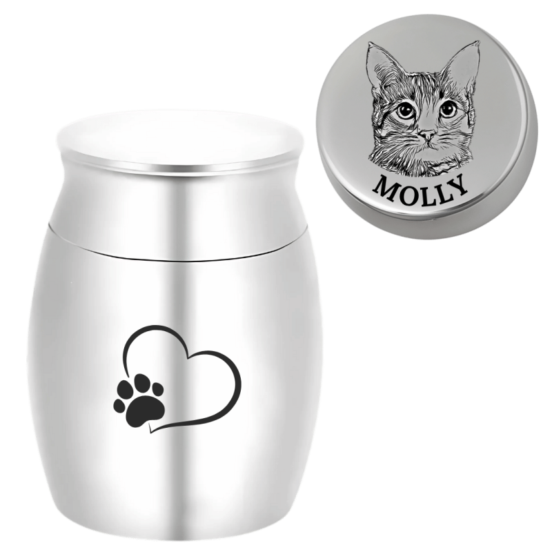 Urne funéraire pour chien personnalisée avec dessin d’après photo sur le couvercle – Mini urne souvenir avec nom