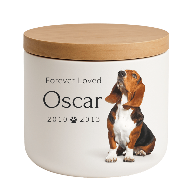 Urne funéraire pour chien personnalisée en céramique avec photo – Urne funéraire pour animal avec nom, dates & message