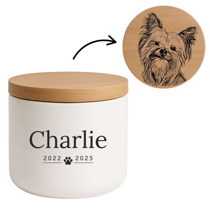 Urne funéraire pour chien personnalisée en céramique avec dessin gravé d’après photo sur le couvercle – Urne avec nom & dates