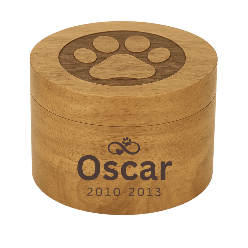Urne funéraire pour chien en bois cœur-patte infini – Urne pour animal avec nom & dates gravés