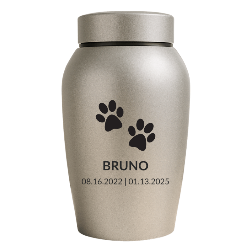 Urne pour chien en acier inoxydable personnalisée avec nom, dates & motif empreinte de patte