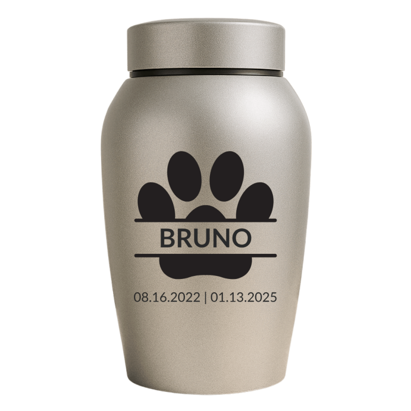 Urne pour chien en acier inoxydable personnalisée avec dates, nom & motif empreinte de patte