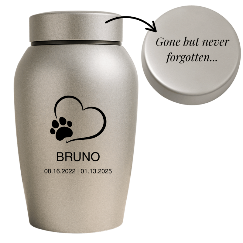 Urne pour chien en acier inoxydable personnalisée avec nom, dates & message spécial sur le couvercle