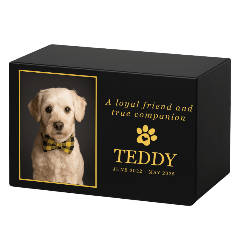 Urne funéraire pour chien en bois noir personnalisée​ avec photo – Coffret souvenir unique avec nom, dates & message