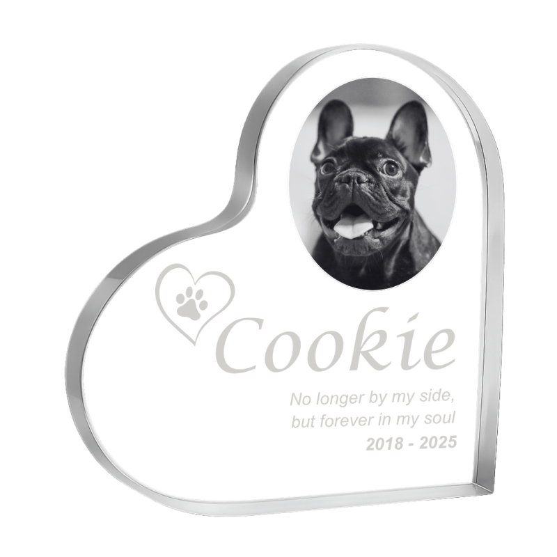 Cadre photo chien personnalisé – Plaque commémorative cœur en acrylique pour animal avec nom, dates & message gravés