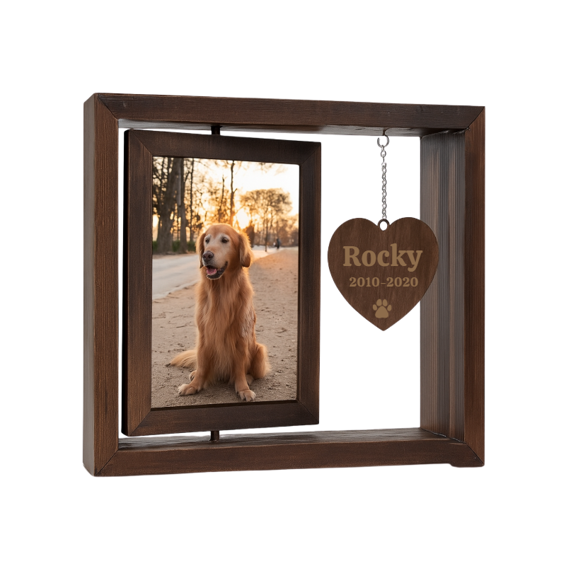 Cadre photo commémoratif pour chien en bois personnalisé – Rotation à 360° avec nom, dates & message gravés