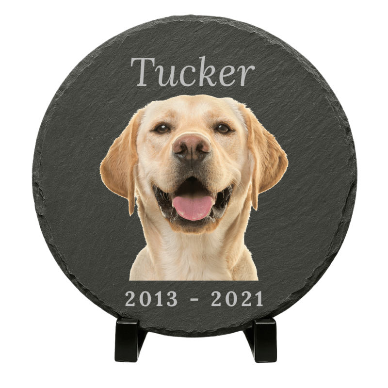 Pierre commémorative chien ronde personnalisée – Plaque souvenir en ardoise chien avec photo, nom & dates gravés