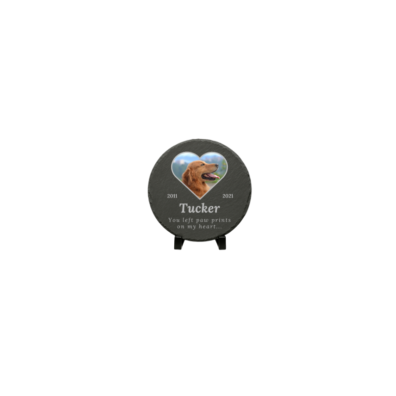 Pierre commémorative chien ronde personnalisée – Plaque souvenir en ardoise chien avec photo, nom, dates & message gravés