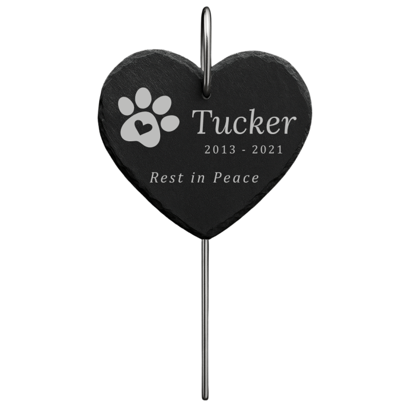 Pierre commémorative chien personnalisée cœur avec piquet métallique – Plaque souvenir en ardoise avec nom, dates & message