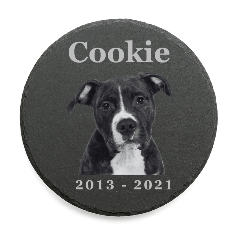 Pierre commémorative chien ronde avec photo personnalisée – Plaque souvenir en ardoise pour animal avec nom & dates