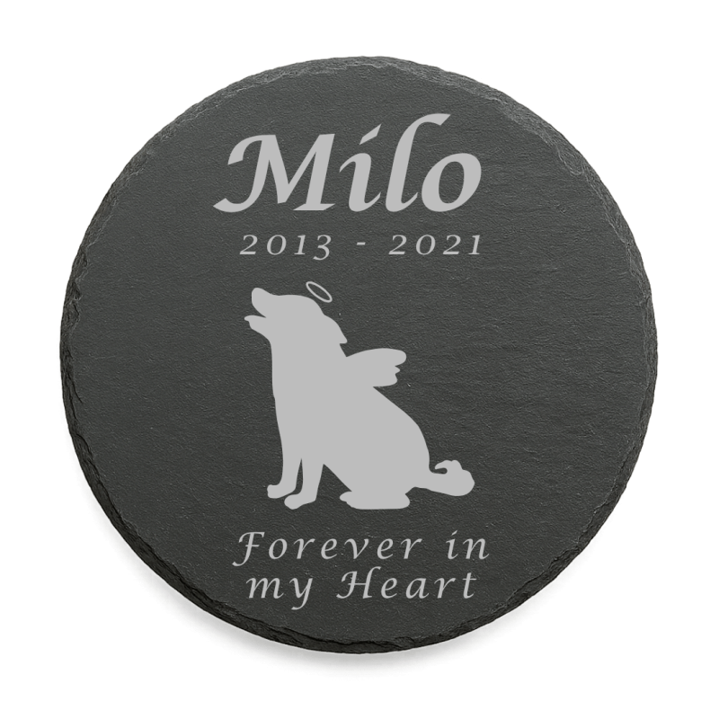 Pierre commémorative chien ronde personnalisée – Plaque souvenir en ardoise chien ange avec nom, dates & message