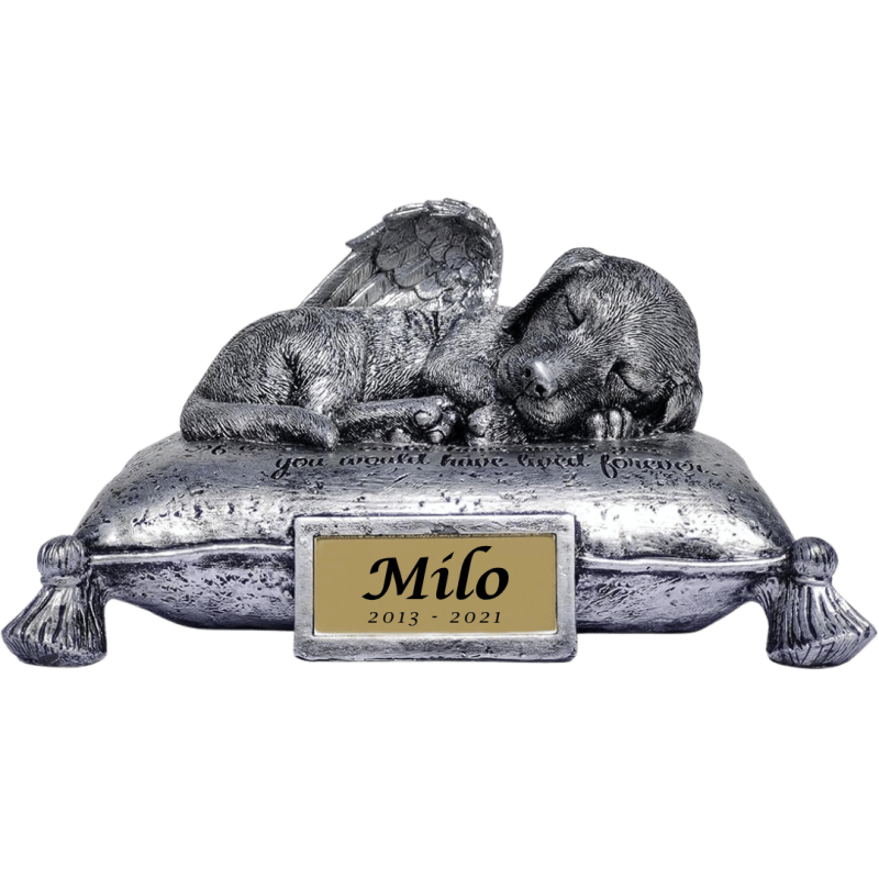 Urne chien ange endormi avec nom & dates en écriture cursive – Monument d'extérieur et urne funéraire en résine pour cendres