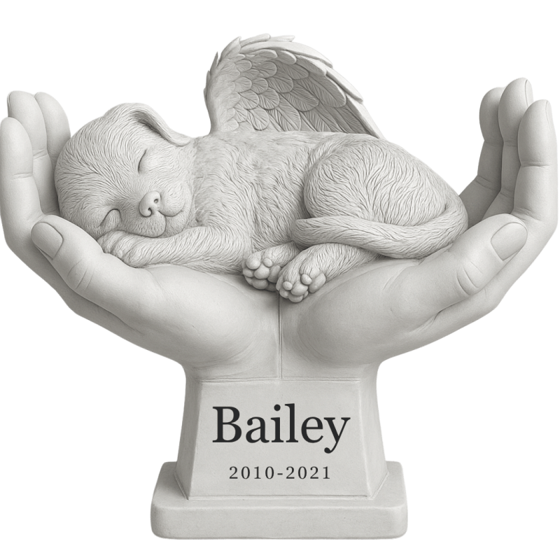 Statue chien ange au creux des mains personnalisée – Statuette en résine résistante aux intempéries pour jardin avec nom et dates