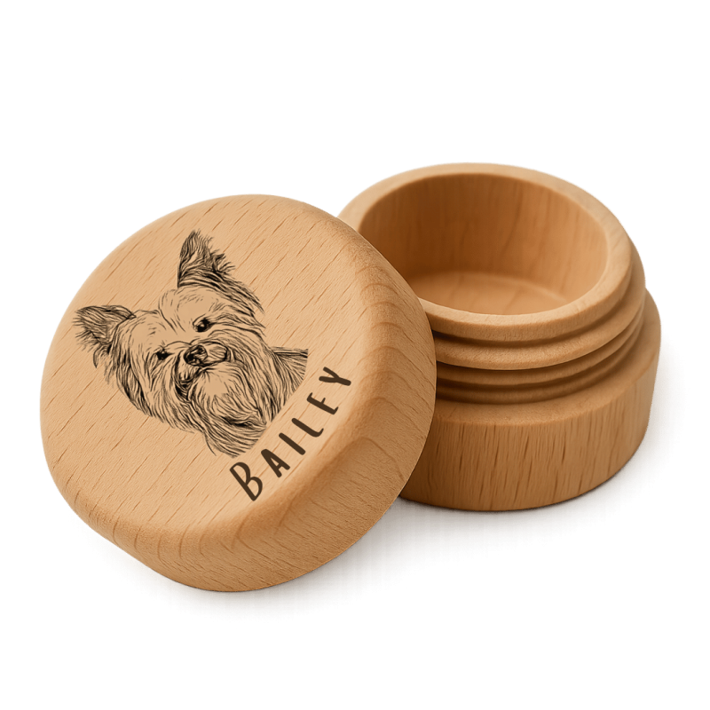 Coffret souvenir rond en bois pour chien avec dessin gravé d'après photo, pour cendres ou poils, avec nom