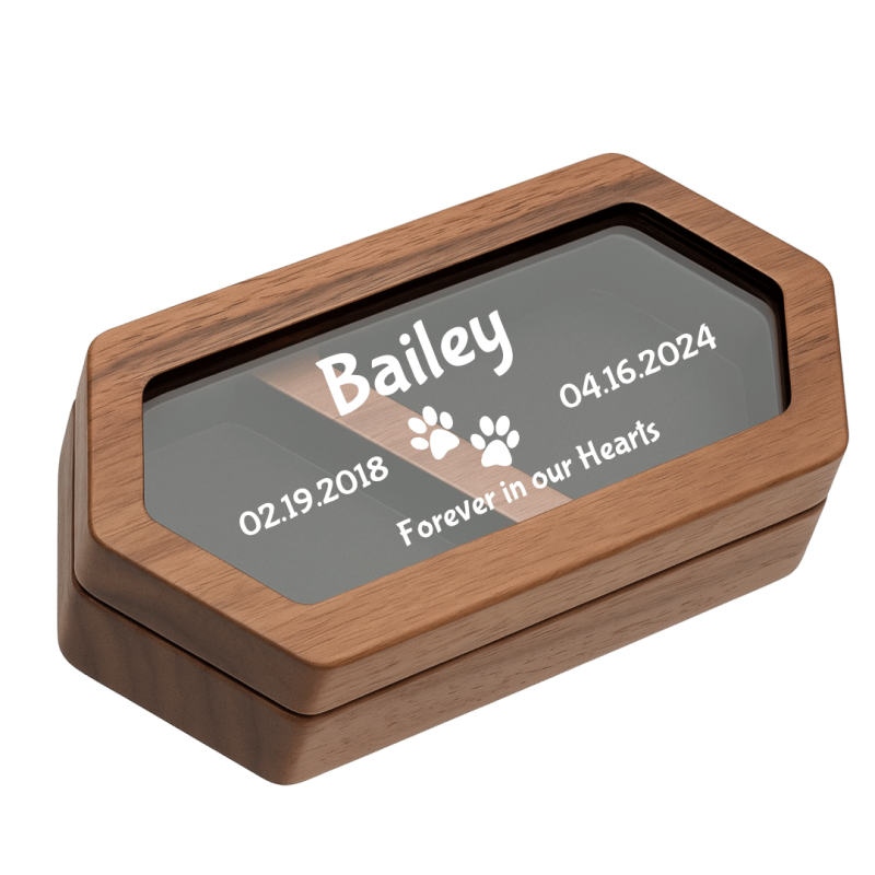 Coffret souvenir en bois pour chien personnalisé avec motif mini pattes de chien – Nom, dates & message gravés