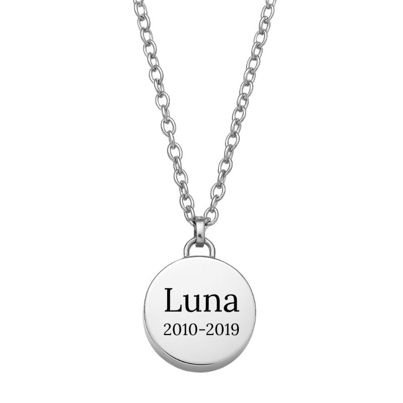 Collier urne funéraire pour cendres de chien rond personnalisé – Bijou commémoratif avec nom & dates gravés