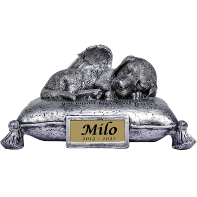Urne chien ange endormi avec nom & dates en écriture cursive – Monument d'extérieur et urne funéraire en résine pour cendres