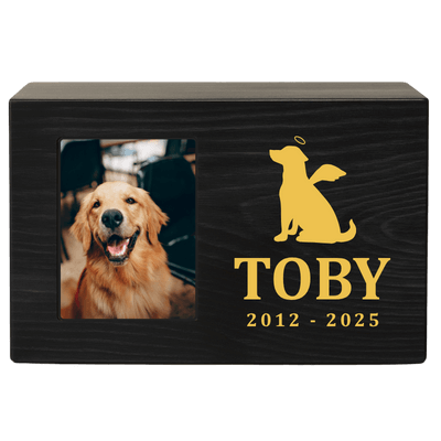 Urne funéraire pour chien en bois noir personnalisée​ avec photo – Coffret souvenir unique avec chien ange, nom & dates